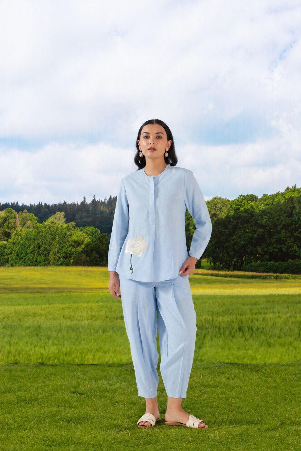 Florian Co-ord Pant Set Light Blue Anchor Thread Flower