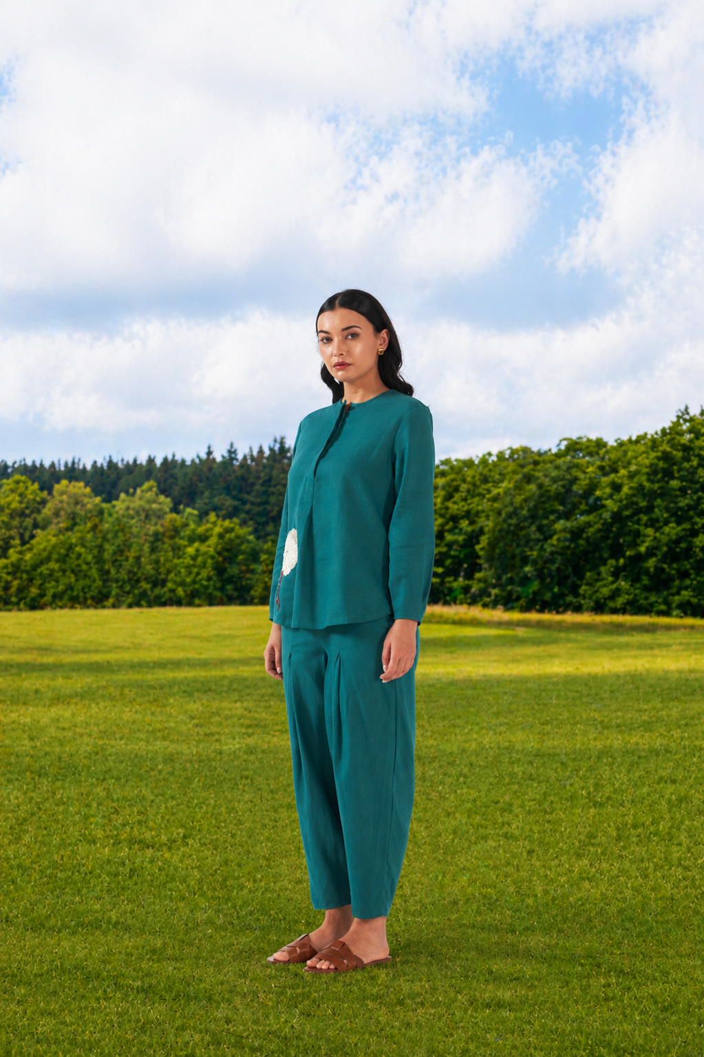 Florian Co-ord Pant Set Dark Green Anchor Thread Flower