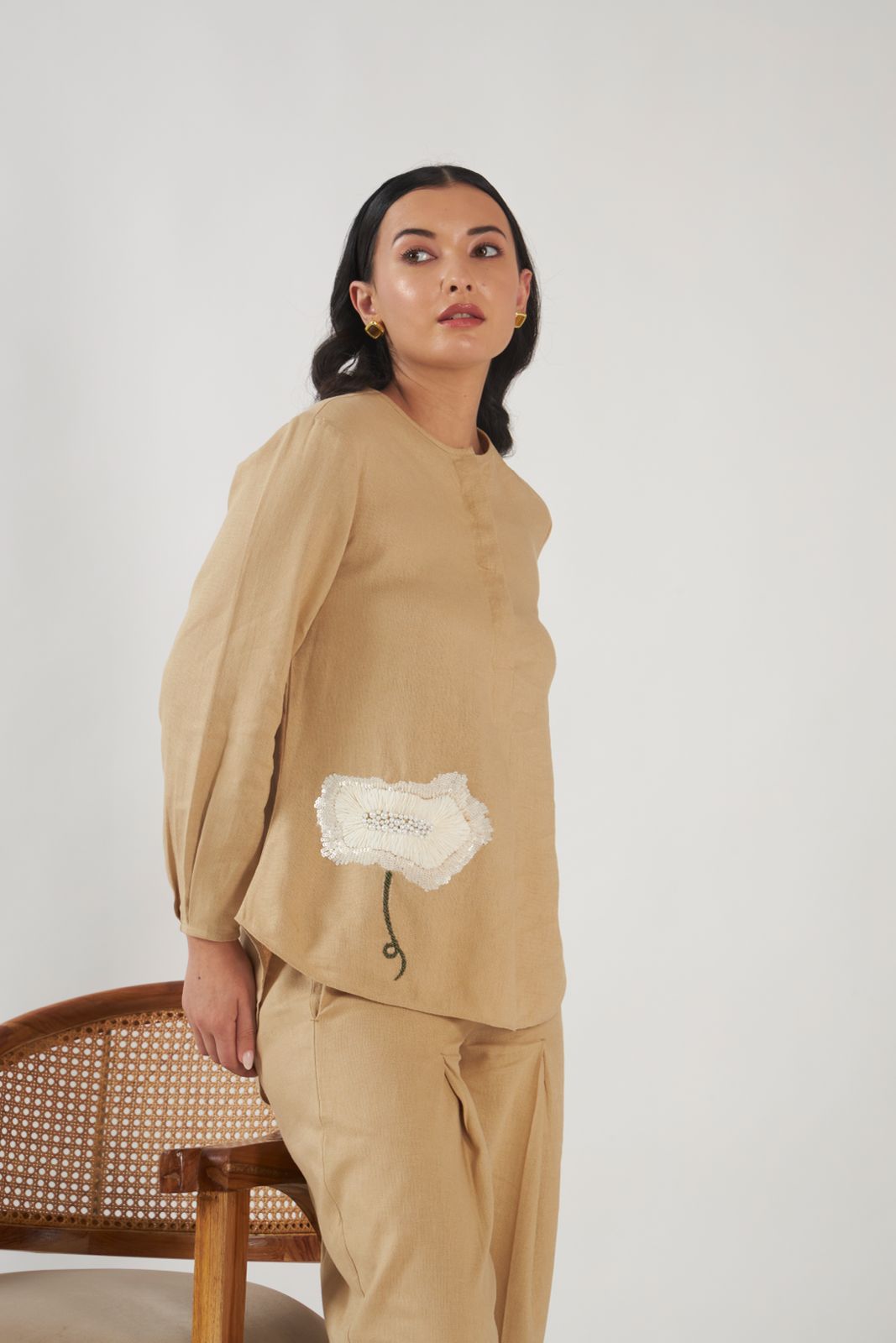 Florian Co-ord Pant Set Beige Anchor Thread Flower